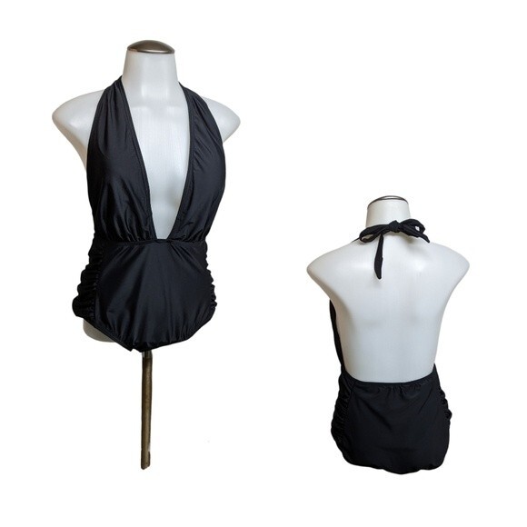 Zeraca Swimsuit Medium Plunge Halter One-Piece Tie Back Black M NWT NEW - Picture 1 of 10